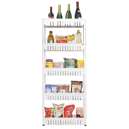 Primelife Plastic 5 Tier Slim Multipurpose Storage Rack for Kitchen Bathroom Bedroom Space Saving Storage Organizer Rack Shelf 54 x 12 x 100 cm White Slim 5 Layer 
