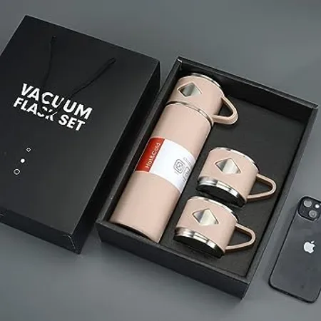 Radiksa Double Wall Stainless Steel Thermo 500ml Vacuum Insulated Bottle Water Flask Gift Set with Two Cups Hot Cold Assorted Color Diwali Gifts for Employees Corporate Gift Items