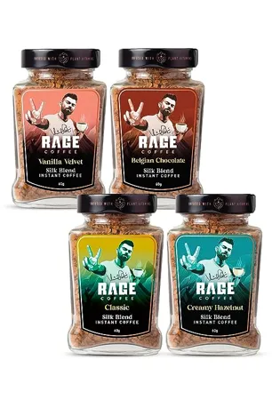 Rage Coffee Silk Blend 60g X 4 Flavoured Instant Coffee Powder of Belgian Chocolate Classic Creamy Hazelnut Vanilla Velvet Perfect Coffee Blend Hot Cold Coffee Pack of 4 240g 