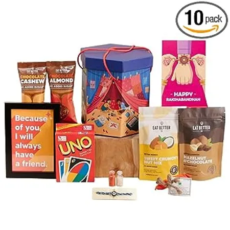 Rakhi Gift Hamper for Brother 10 Items Gift Set Rakhi Roli Chawal 4 Dry Fruit Packs Photo Frame Uno More Unique Box Design Healthy Chocolates Sweets Raksha Bandhan Gift Box