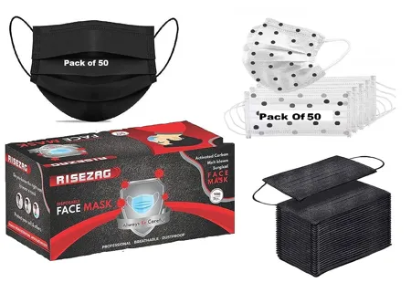 Risezag Dot Printed Masks for Women Surgical 3 Layer Masks with Nose Clip Black White Disposable Pack of 100 Pieces Pcs Pin 3 Ply Face Masks Comfortable Earloop 3 Layers Use and Throw Masks Combo 3Ply