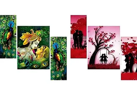 SAF Beautiful Combo Set of 3 Lord Radha Krishna Flute Love Peacock Greenery Beautiful Set Of 3 Couple Beautiful Painting 12 X 18 Inch 