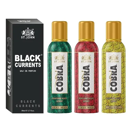 ST JOHN Cobra No Gas Deo True Man Real Man Music 100ml each Black Current 50ml Combo Perfume Body Spray For Men Women 350 ml Pack of 4