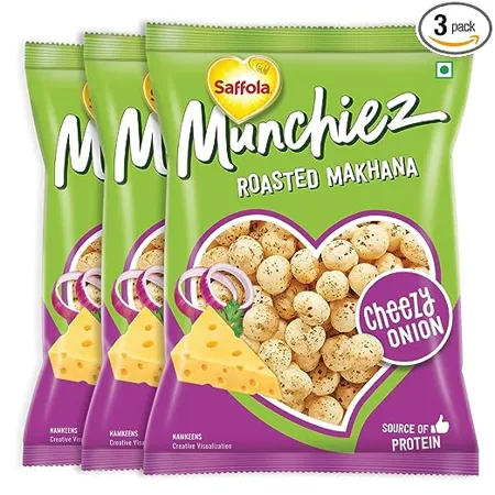 Saffola Munchiez Roasted Makhana Cheezy Onion Tasty and Healthy Snacks Crunchy Makhana Cheese and Onion flavour 18g Pack of 3 