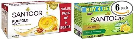 Santoor Pureglo Glycerine Soap With Almond Oil And Glycerine 125G Pack Of 6 For Nourished Glowing Skin And Aloe Fresh Soap With Aloe Vera And Lime 125G