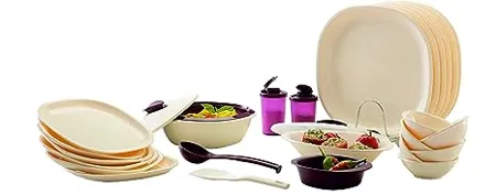 Signoraware Square Plastic Dinner Set 29 Pieces Off White Maroon