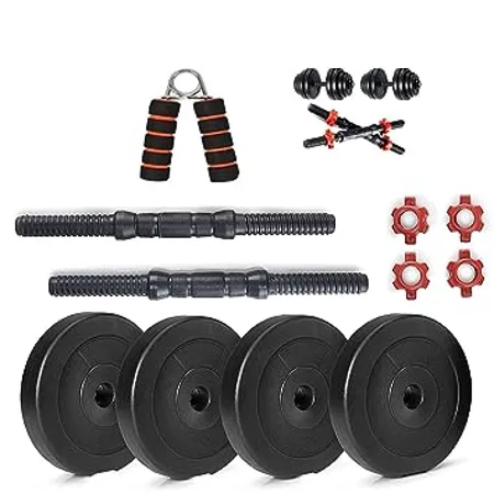 Spanco Home Gym with 36 Kg P V C Weight Plates 5 Kg X 4 20 Kg 2 5 Kg X 4 10 Kg 3 Kg X 2 6 Kg Black 14 Inch Dumbbell Rods for Fitness Weight Lifting with Hand Gripper