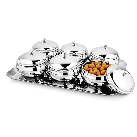 Steelcraft Premium Stainless Steel Nextgen Bowl 7 Pcs Set with Tray Multipurpose Container Set with Lid Useful for Home Kitchen Dining Table Restaurants Hotels Events Silver 290 ML Each 