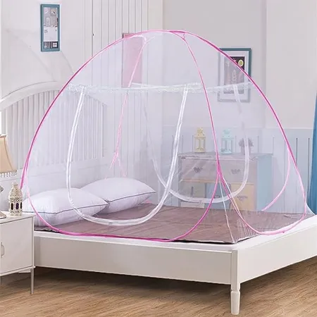 Story home Foldable Mosquito Net Aesthetic Net with Soft Mesh 2 Side Zipper Openings Fancy Mosquito Net for Indoor Outdoor Use Queen XL Size Baby Pink