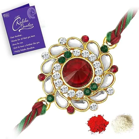 Sukkhi Elegant Kundan Rakhi with Roli Chawal and Raksha Bandhan Greeting Card For Men