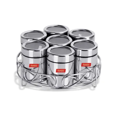 Sumeet 7in1 Stainless Steel See Through Lid Masala Stand Dry Fruit Stand with Stand and 7 Spoons