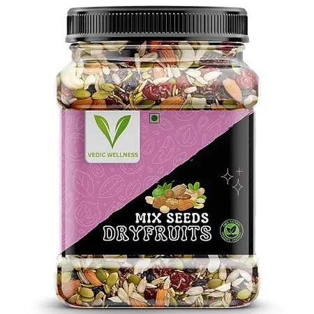 VEDIC WELLNESS Natural Premium Healthy Mix Seed Almonds Cashew Raisins Black Raisins Pumpkin Sunflower Flax Seeds Healthy Snack Nuts and Dry Fruits Jar Pack 1 Kg 