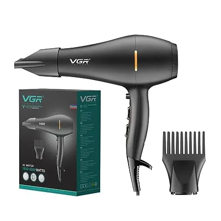 VGR V 433 Professional Salon Series Hair Dryer 1800 2200W AC Motor 3 Heat Setting Hot Cool Warm Independent Cool Shot Styling Comb Nozzle Concentrator Double Overheating Protection 2 Speed Setting