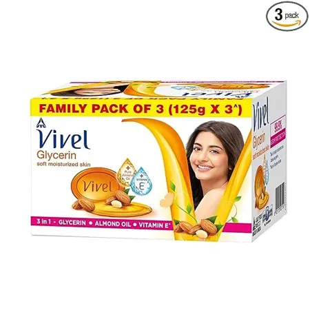 Vivel Glycerin Bathing Bar Soap for Soft Moisturized Skin with Pure Almond Oil Vitamin E Special Pack 125gx3 Pack of 3 