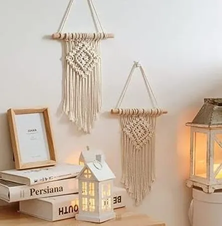 Waterlily House 02 Pcs Macrame Woven Wall Hanging Small Decor Boho Chic Bohemian Home Geometric Art Decor Beautiful Apartment Dorm Room Decoration Size 20 x 33cm Pattern D 