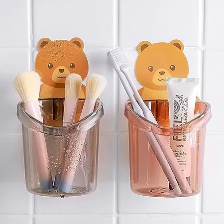 Wolpin Toothbrush Holder Set of 2 Pcs Plastic Stand for Toothpaste Comb Brush Cream Lotion Kids Bathroom Cup Drain Waterproof Self Adhesive Teddy Bear