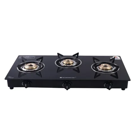 Wonderchef Platinum Plus 3 Burner Auto Glass Cooktop 6mm Toughened Glass Cooktop Stainless Steel Drip tray Anti Skid Legs Large Pan support Auto Ignition with Piezo No Gas Lighter Required LPG Compatible Black steel frame 2 Year Warranty Black