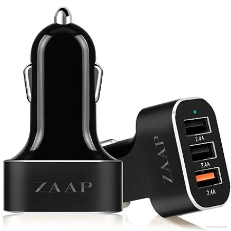 ZAAP USA Three Port Turbo USB Aluminium Car Charger Premium 25W 5 1 Amp 3 Port USB Car Charger Black