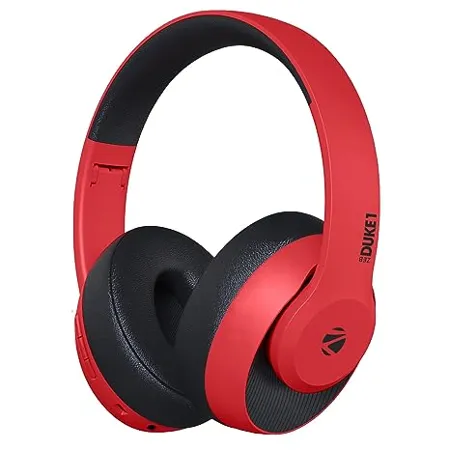 ZEBRONICS Zeb DUKE1 Bluetooth 5 0 Wireless Over Ear Headphones With Mic with AUX Port Call Function Voice Assistant Support 34Hr Battery Backup Dual Pairing Media Volume Control Black with Red 