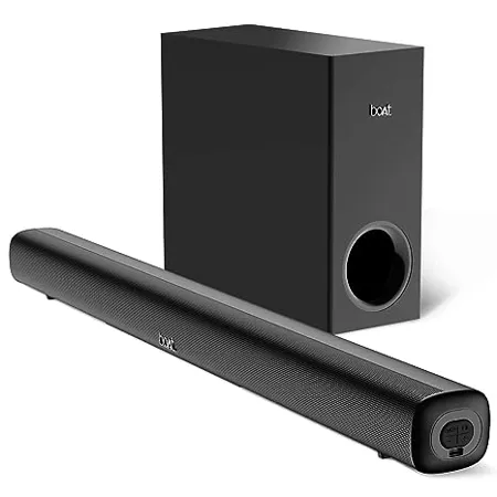 boAt Aavante Bar Mystiq Soundbar with 100W RMS Signature Sound 2 1 CH Multi Connectivity Modes BT v5 3 Wired Subwoofer EQ Modes Bass Treble Control Remote Control Pitch Black 