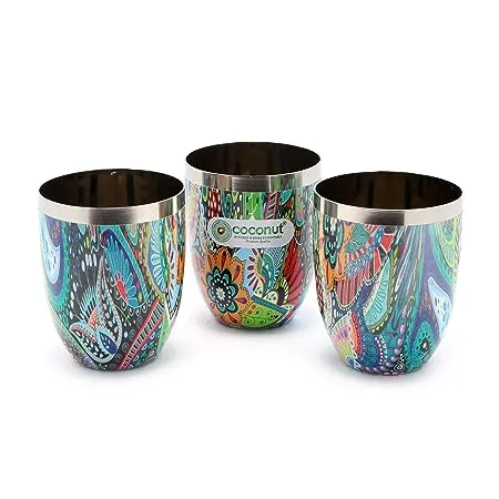coconut Stainless Steel Printed Designer Multi Colour Water Glass Tumbler Capacity 300ML Pack of 3 Glasses