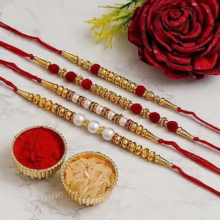 eCraftIndia Red Golden White Set of 4 Beads Pearl Diamond Designer Rakhis with Roli Chawal Pack Rakhi for Brother Bhaiya Bhai
