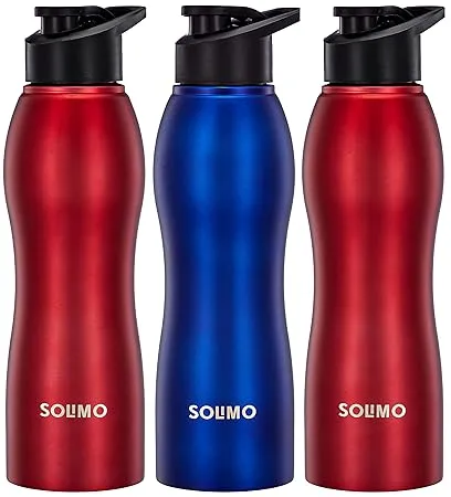 Amazon Brand Solimo Water Bottle Spill Proof Ergonomic Safe For Refrigerator Freezer And Dishwasher Stainless Steel With Pp Lid Set Of 3 2 Red And 1 Blue 1 liter