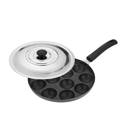 Attro Aluminium Non Stick Heavy Duty 12 Cavity Appam Patra Paniyarakkal One Side Handle with Steel lid and Wooden Picker Spatter Finish Marble Grey Standard ATR APM 12 ONE HN DL