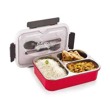 Attro Food Eat 3 Compartment Stainless Steel Lunch Box with Plastic Cutlery Inside Heating Water Insulation Design Use for Office School Travelling 750 ml Red