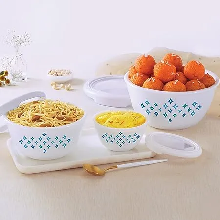 Cello Opalware Mixing Bowl Set with Premium Lid Cool Star Set of 3 500 ml 1000 ml 1500 ml White