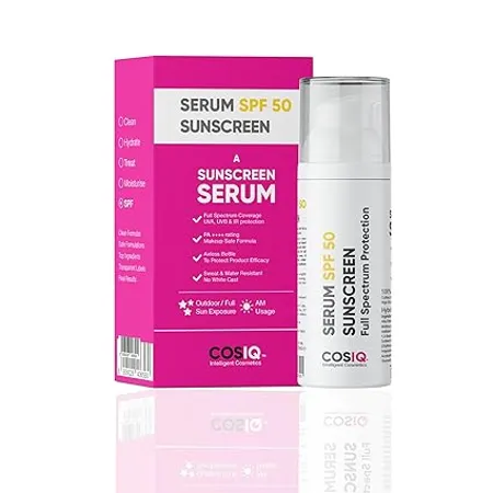 Cos IQ Sunscreen Serum SPF 50 PA Broad Spectrum UVA UVB IR Protection No White Cast Ultra Lightweight Skin Safe Dewy Finish Non Greasy Quick Absorbing For Women Men 30ml