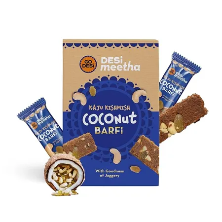 GO DESi DESi Meetha Kaju Kishmish Coconut Barfi 500 Grams 40 Individually Wrapped Pieces Dry Fruits Sweet Cashew Nuts Raisin bar Sweets Indian Mithai
