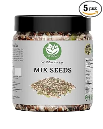 Go Vegan Mix Seeds For Eating 250gm 5 in 1 Super Seeds Mix of Sunflower Pumpkin Flax Watermelon Chia Seeds jar pack 