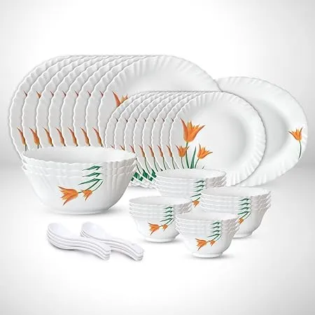 Larah by Borosil Fluted Firefly Dinner Set 44 Pieces Opal Glass Dinner Plates Bowls Crockery Set for Dinning White