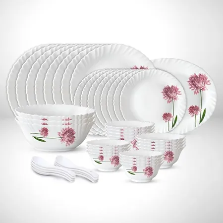 Larah by Borosil Fluted Nargis Dinner Set 44 Pieces Opal Glass Dinner Plates Bowls Crockery Set for Dinning White