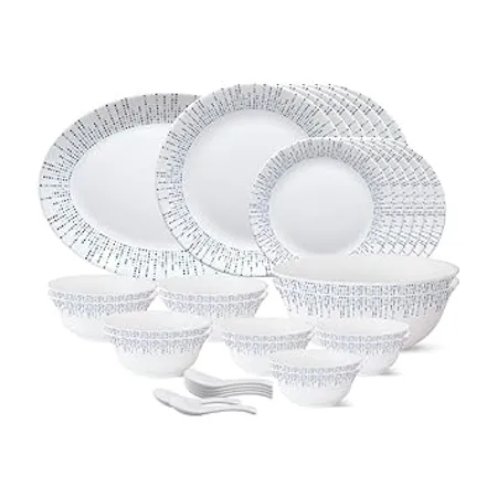 Larah by Borosil Tiara Series Pulse 33 Pcs Opalware Dinner Set White