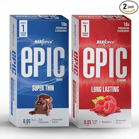 Manforce Epic Flavoured Condoms For Men Desire Super Thin Silk Chocolate Pleasure Long Lasting With Disposable Pouch 2x10s Pack of 2 