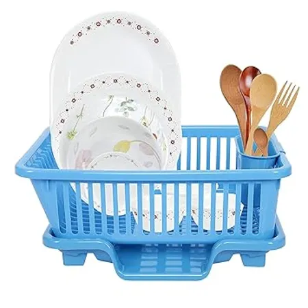 SIMPARTE Plastic Drainer Dish Rack for Kitchen Utensils Organizer Drying Tray Dish Drainer Basket Blue 45 x 32 x 18 cm 