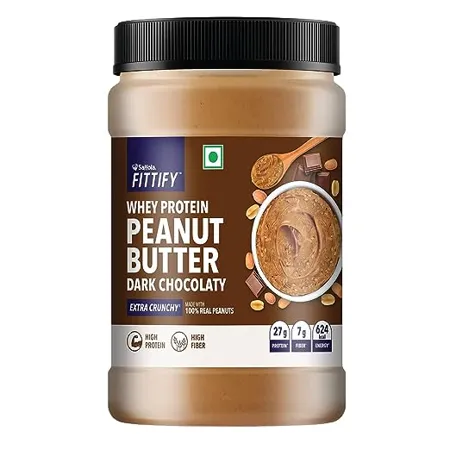 Saffola FITTIFY Whey Protein Peanut Butter Dark Chocolaty Extra Crunchy High Protein High Fiber Vegan No Trans Fat 925g