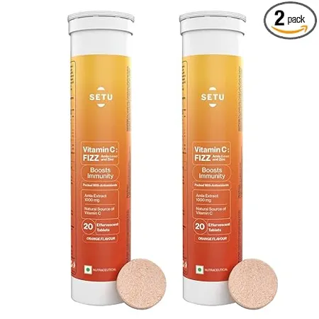 Setu Vitamin C Fizz 40 Effervescent Tablets Pack of 2 Amla Extract and Zinc Boost Immunity Skin Orange Flavour