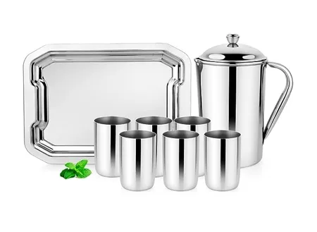 Steelcraft Premium Stainless Steel Aqua Lemon Set 1 JUG 6 Glasses 300 ML Serving Tray for Kitchen Tableware Set for Gift Item to Serve Water and Juice Silver Colour