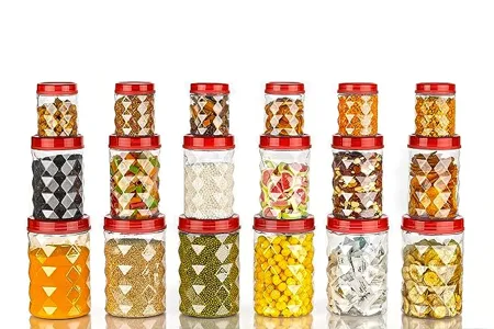 Tosaa Plastic Pet Storage Jar and Container Set of 18 6 pcs x 350ml Each 6 pcs x 650ml Each 6 pcs x 1 20ltrs Each Red Air Tight Kitchen Organiser BPA Free Stackable