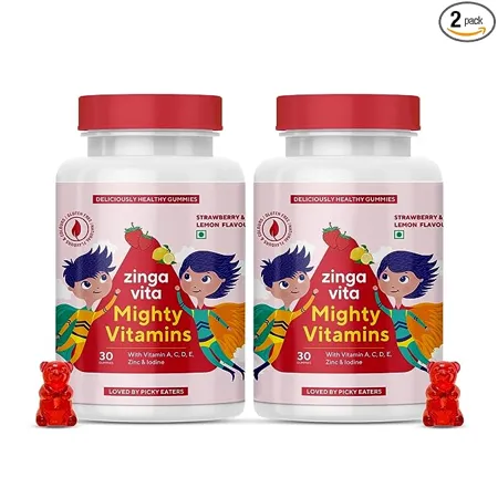 Zingavita Multivitamin Gummies for Kids 60 Gummy Bears With 11 Essential Vitamins Minerals for Healthy Growth Cognitive Development Complete Nutrition Strawberry Lemon Flavour
