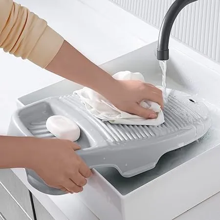 ABOUT SPACE Mini Hand Wash Anti Skid Laundry Water Saving Washboard Scrubbing Pad for Kid Clothes Shirts Hand Towels for Home with Soap Holder Pack of 1 Grey 43x21 cm Polypropylene