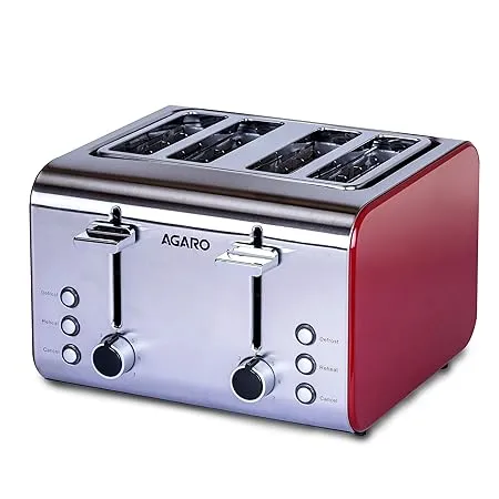 AGARO 1400 1600 Watt Power Grand Stainless Steel 4 Slice Pop up Toaster with Dual Control of Cancel Defrost Reheat 7 Level of Heating