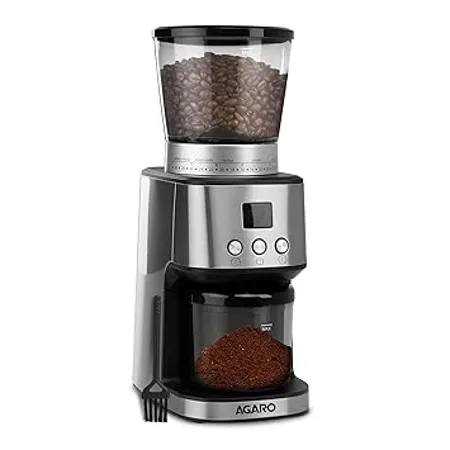 AGARO Supreme Coffee Grinder Conical Burr Grinder 31 Grinding Settings Pulse Mode Adjustable Digital Timer Single Dose Grinder for Espresso Filter Dripper Moca Espresso Silver