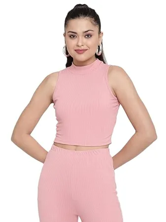 AVANOVA Women s Girls Solid Ribbed High Neck Sleeveless Crop Tops for Women