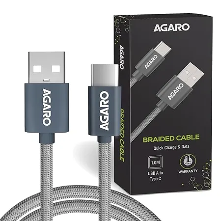 Agaro USB A to Type C Cable 1 Meter 3 2 Ft Nylon Braided Cable Fast Charge Power Delivery Charging Cord Compatible with Most Type C Smartphone Devices Grey