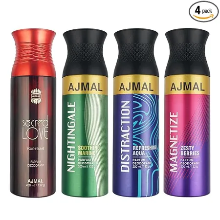 Ajmal 1 Sacred Love for Women 1 Nightingale 1 Distraction and 1 Magnetize for Men Women Deodorants each 200ML Combo pack of 4 Total 800ML 4 Parfum Testers