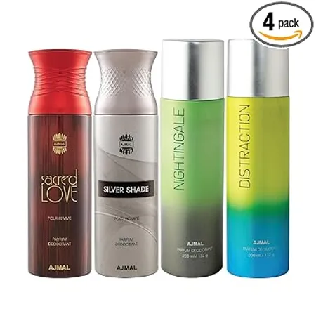 Ajmal 1 Sacred Love for Women 1 Silver Shade for Men 1 Nightingale and 1 Distraction for Men Women Deodorants each 200ML Combo pack of 4 Total 800ML 4 Parfum Testers